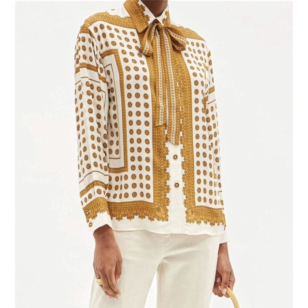 Zimmermann Silk Viscose Tie Neck Blouse White‎ Gold Print Size M